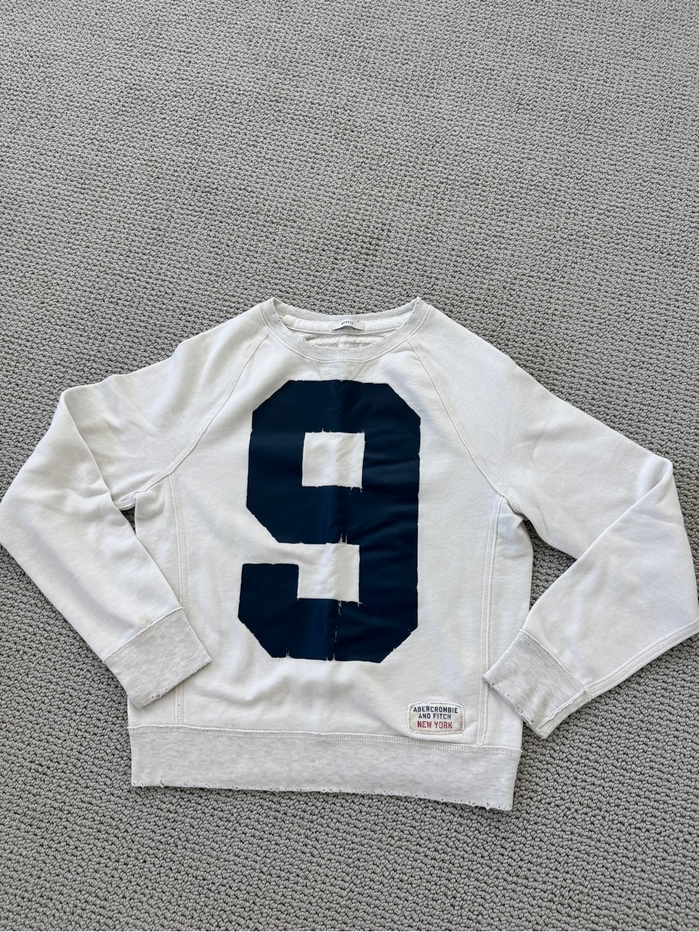 Abercrombie & Fitch White Crewneck Sweater with Navy '9'
